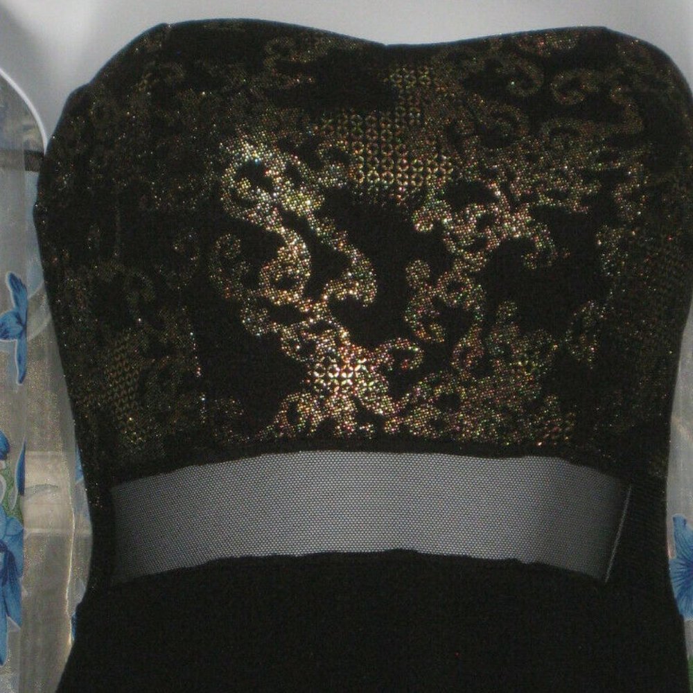 Unique Womens BLACK & MULTI GOLD MESH STRAPLESS Evening Dress by PAPAYA Sz S / M - Picture 2 of 5